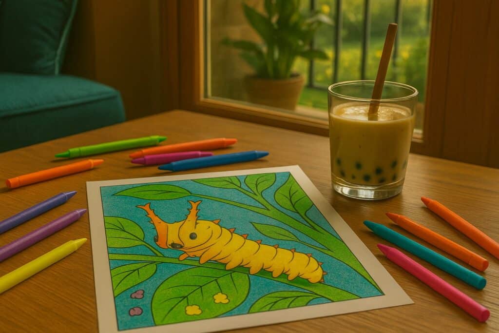 Coloring page of a cheerful caterpillar on a leafy branch with colorful markers and bubble tea on a wooden table near a window.