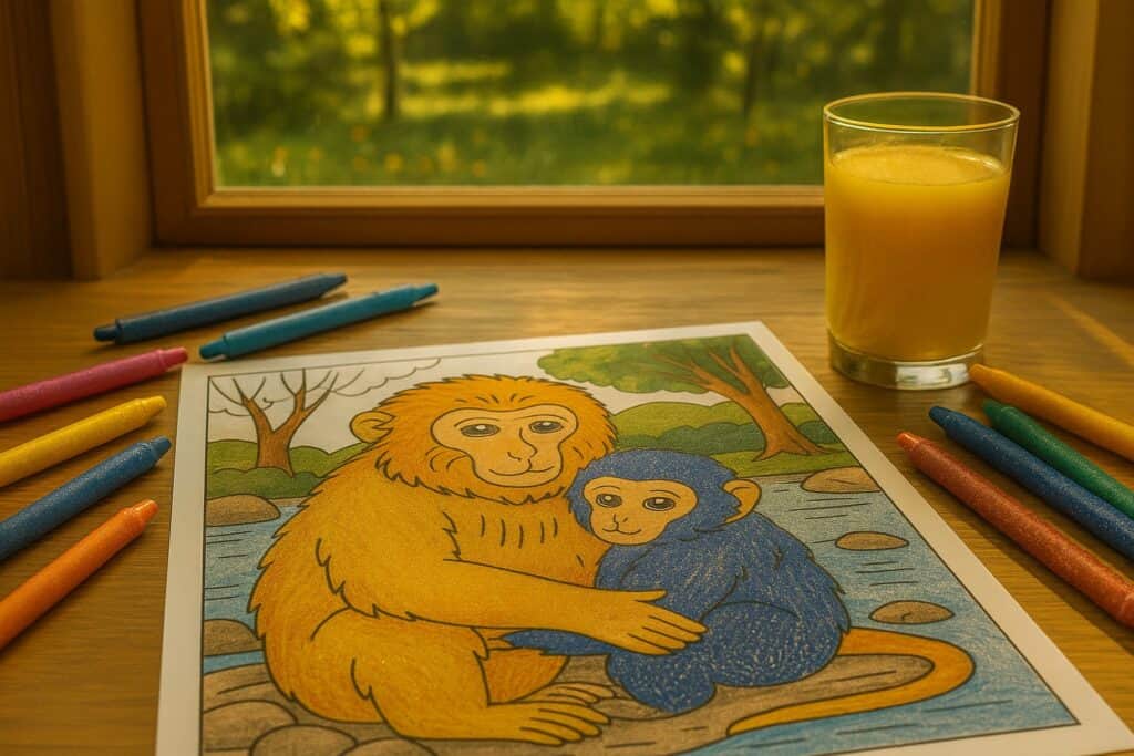 Coloring page featuring a lion and a monkey by a river on a wooden window sill with colored crayons and a glass of orange juice.
