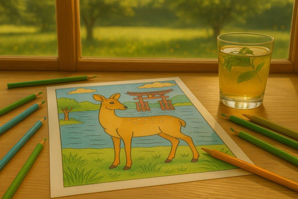 Vibrant children's coloring page of a deer by the water with a traditional Japanese torii gate in the background, surrounded by nature, with coloring pencils and a herbal drink nearby.