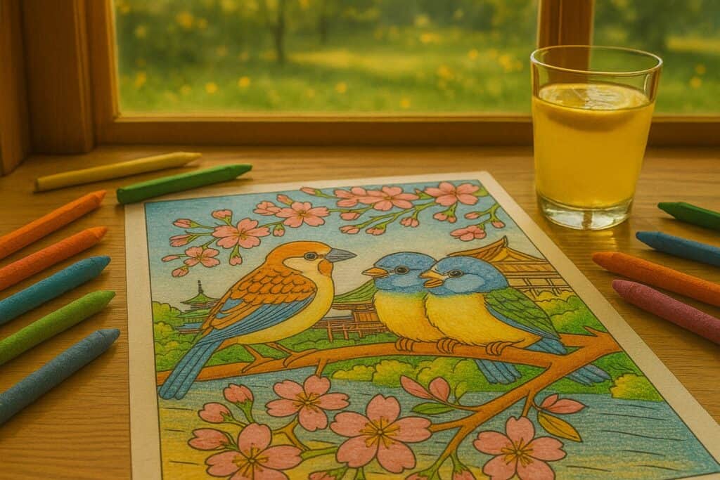 Colorful bird and flower coloring page with colored crayons and a glass of lemonade on windowsill, relaxing outdoor scene, children’s art activity, springtime drawing for kids, creative coloring for children.