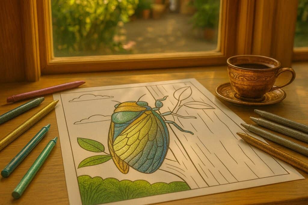 Vibrant bug coloring page on wooden table near window with colorful crayons and coffee cup, perfect for children's educational activities and art therapy.