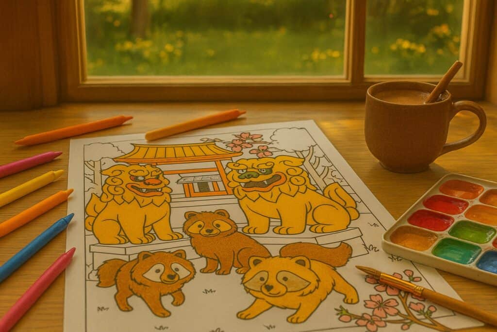 Brightly colored children's coloring page featuring traditional Asian lion dance characters, watercolor paints, and a warm coffee mug on a wooden table near a window with a scenic outdoor view.