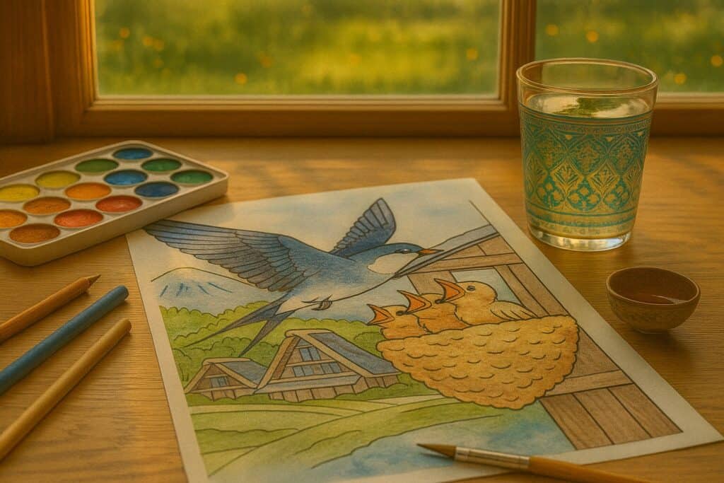 Vibrant watercolor painting of a mother bird feeding her chicks in a nest, surrounded by nature and mountains, next to watercolor paints and brushes on wooden table near window.