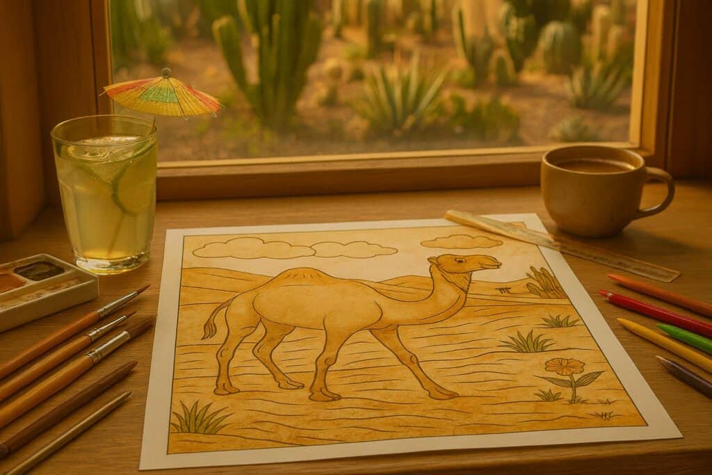 Colorful desert scene watercolor painting of a camel with a mountain and cloud background, surrounded by art supplies, a cup of coffee, and a glass of lemonade on a wooden table near a window.