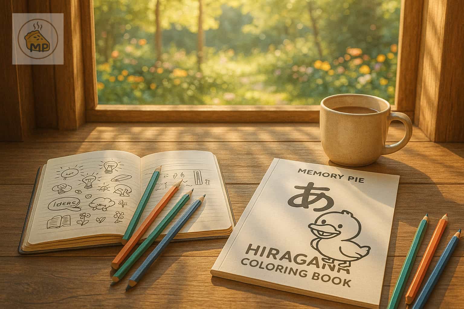 Coloring book, pencils, and coffee on wooden table with window view of nature.