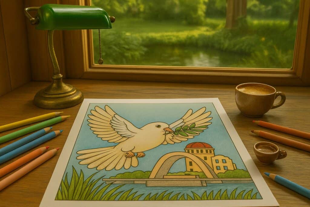Coloring page with dove holding olive branch, fountain, and buildings, on wooden desk with colored pencils, cup, and lamp, beside window overlooking greenery.