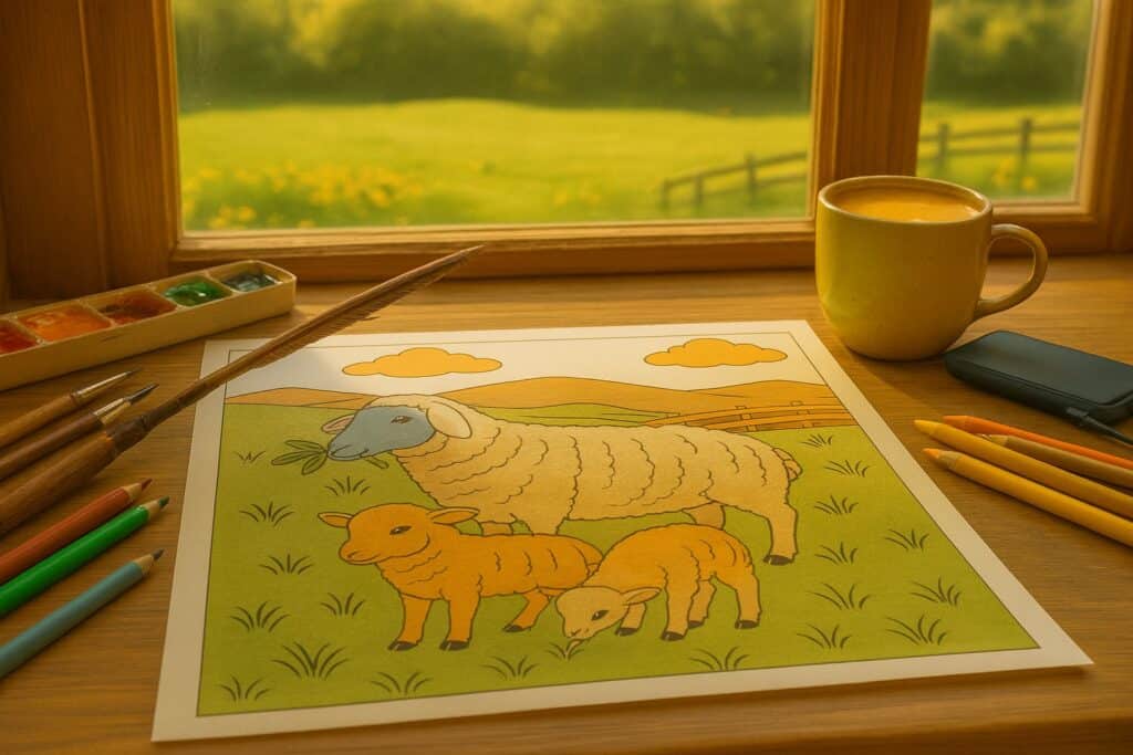 Coloring page featuring sheep and lambs with colored pencils and watercolor paints on a wooden desk, set against a scenic outdoor view. Perfect for kids' art and educational activities.