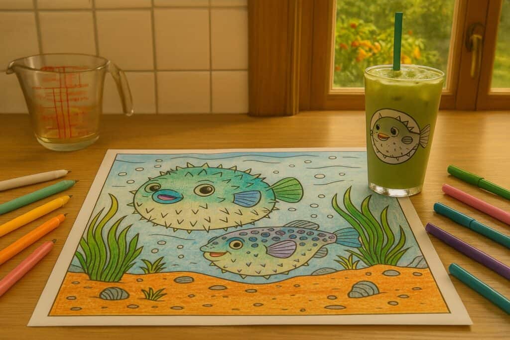 Colorful underwater fish coloring page with markers and a green beverage with a fish-themed straw on a wooden table.
