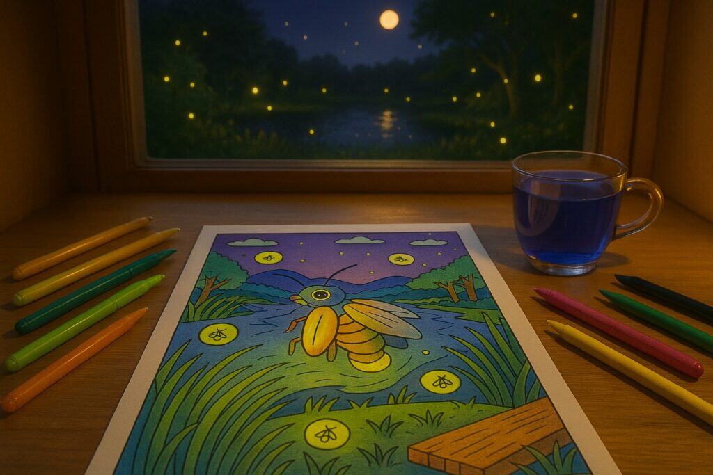Coloring page of a honey bee in a natural landscape with trees, river, and fireflies under moonlit night sky, surrounded by colorful markers and a cup of blue beverage.