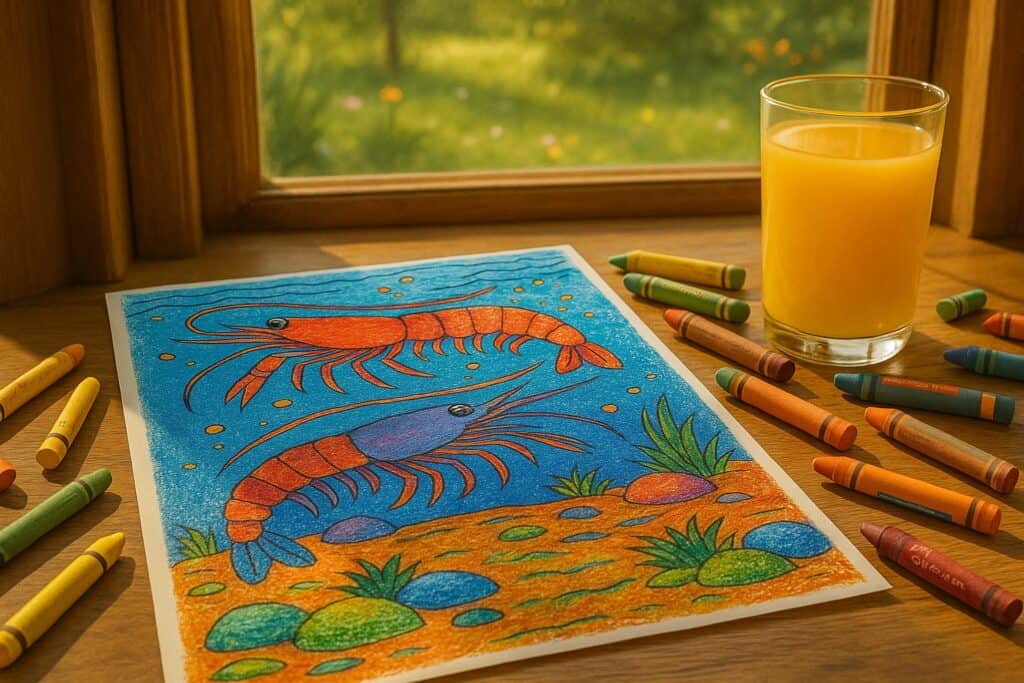 Colorful crayoned underwater scene featuring lobsters on a wooden table with a glass of orange juice and additional crayons, bright outdoor light comes through the window.