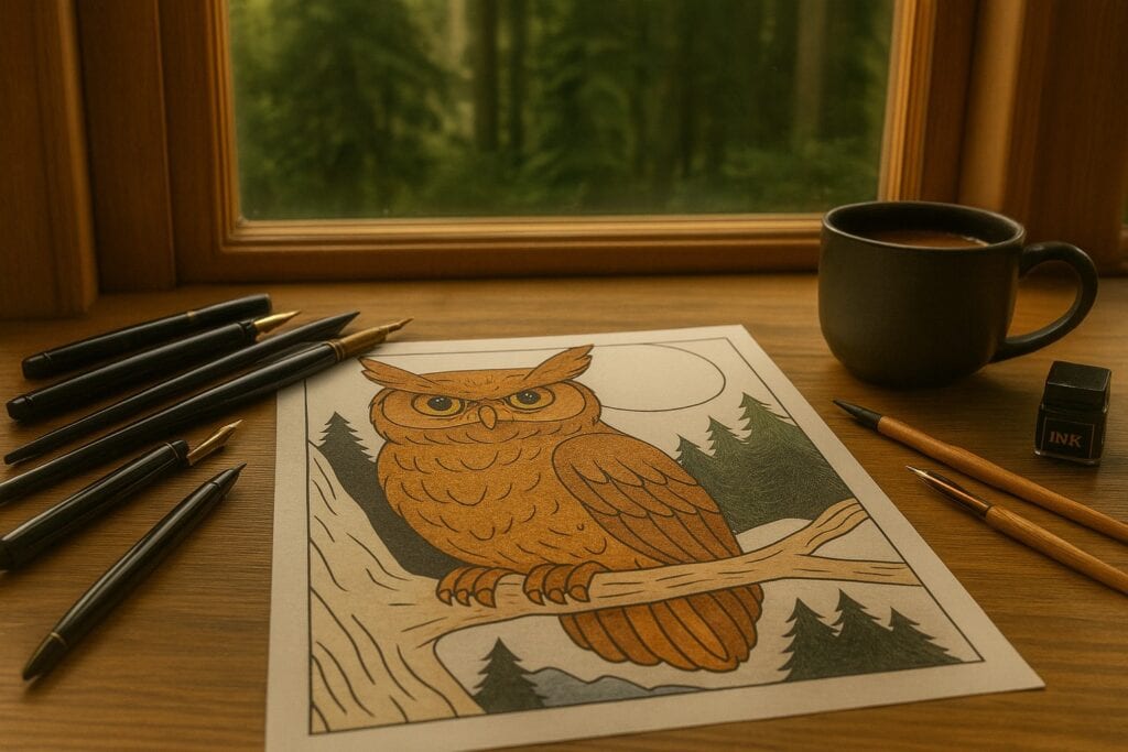 Coloring page featuring an owl design, placed on a wooden desk with black pens, a cup of coffee, and an ink stamp, set near a window with a forest view.