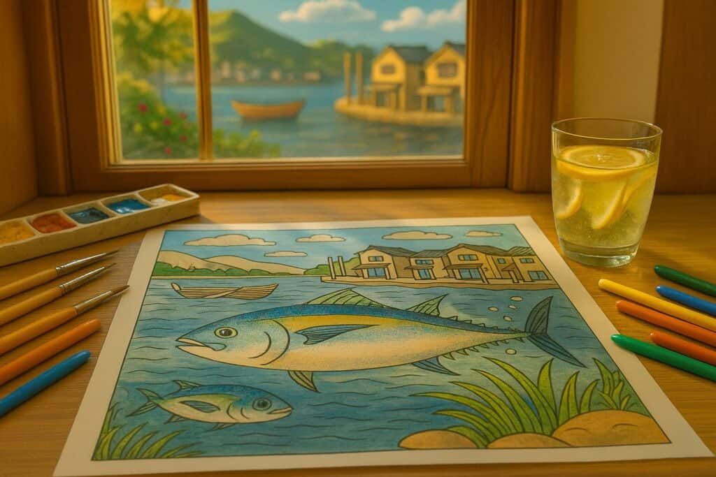 Coloring page featuring a fish underwater scene with houses and a boat in the background, alongside watercolor paints, brushes, and a glass of lemon water with lemon slices on a wooden table near a window.