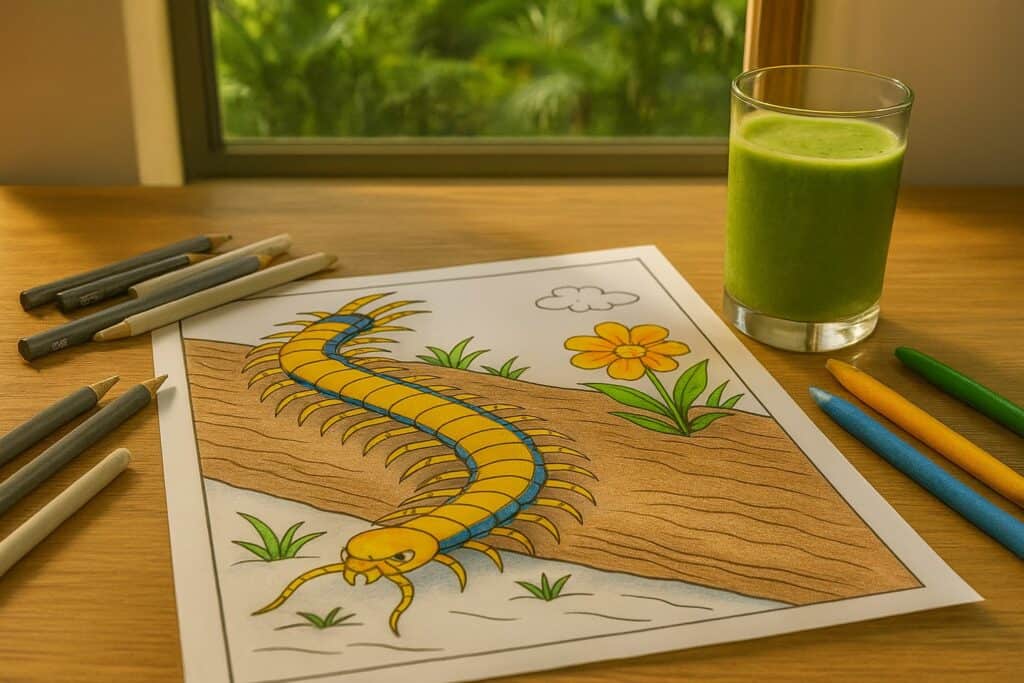 Coloring page with a worm, flowers, and clouds on a wooden table with colored pencils and a glass of green smoothie, by a window featuring green foliage.