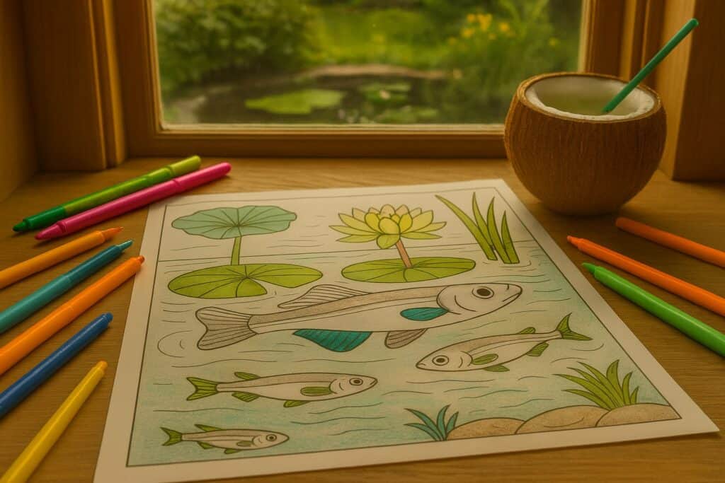 Coloring page with pond scene, lily pads, fish, and water plants, surrounded by colorful markers, placed on a wooden table near a window with a scenic outdoor view.