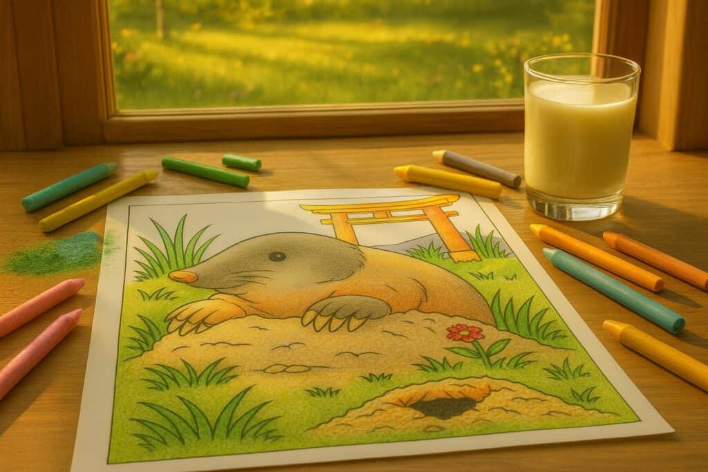 Coloring page of a cute mole in a Japanese garden scene with grass and flowers, surrounded by colorful chalks and a glass of milk, placed on a wooden table near a sunny window.