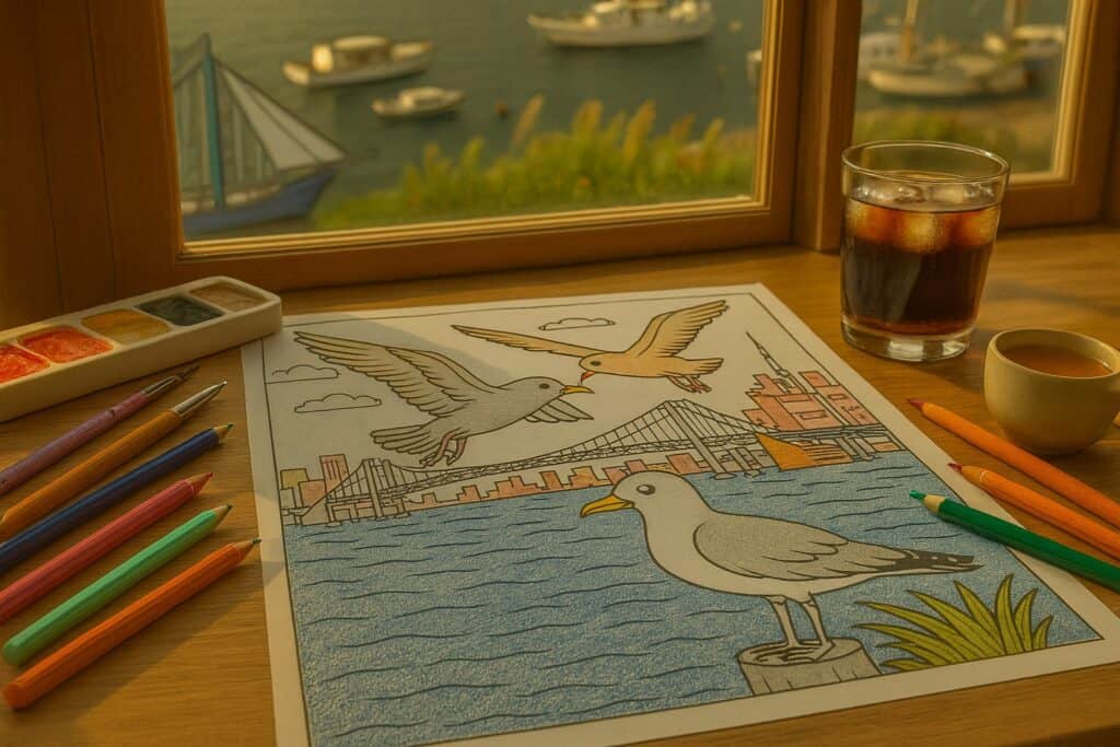 Vivid coloring page featuring seagulls and a cityscape, with watercolor paints, markers, and a glass of iced drink on a wooden window sill overlooking a harbor scene.