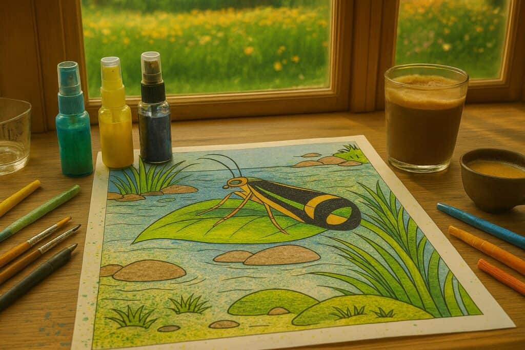 Coloring page of a four-eyed Caddisfly by a pond with water plants, ready to be colored with markers and paint on a wooden table near a window.