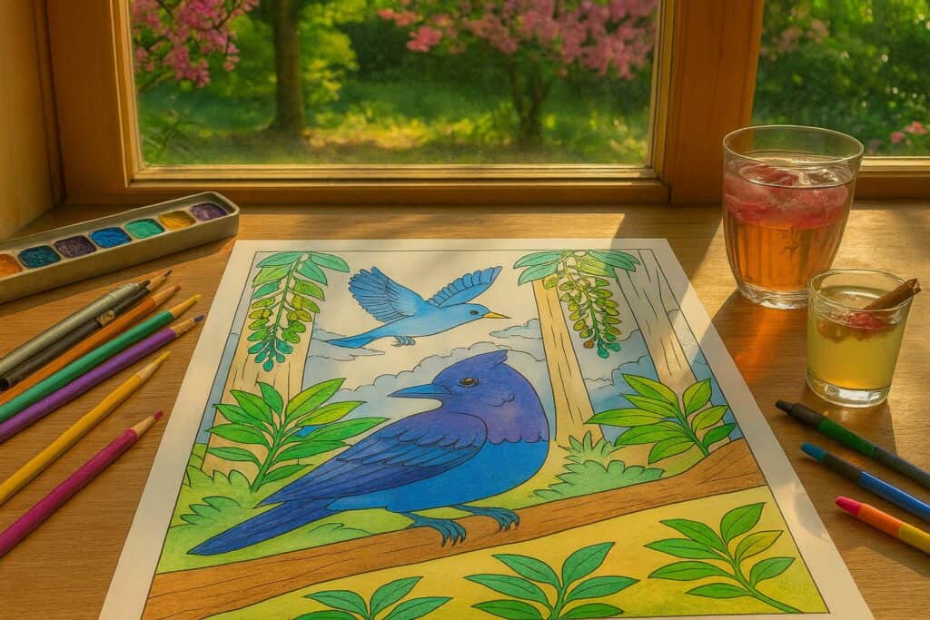 Brightly colored bird coloring page featuring blue and purple birds in a lush forest scene, laid out on a wooden table with art supplies and a window view of blooming trees.