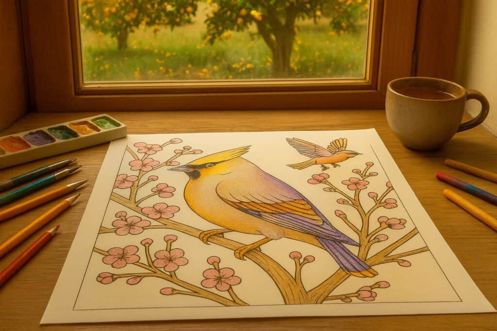Colorful bird coloring page featuring a detailed illustration of a yellow and purple bird on blossoming branches, with watercolor paints and colored pencils on a wooden desk by a window with a scenic outdoor view.