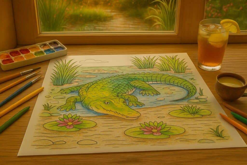 Brightly colored watercolor painting of a crocodile in a pond, surrounded by lily pads and marsh plants, with painting supplies and drinks nearby, background of a window with nature view.