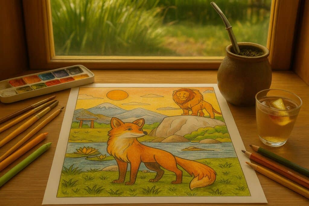 Colorful outdoor-themed coloring page featuring a fox and a lion with mountains and clouds in the background, ready for coloring, accompanied by watercolor paints, colored pencils, and a glass of iced tea.