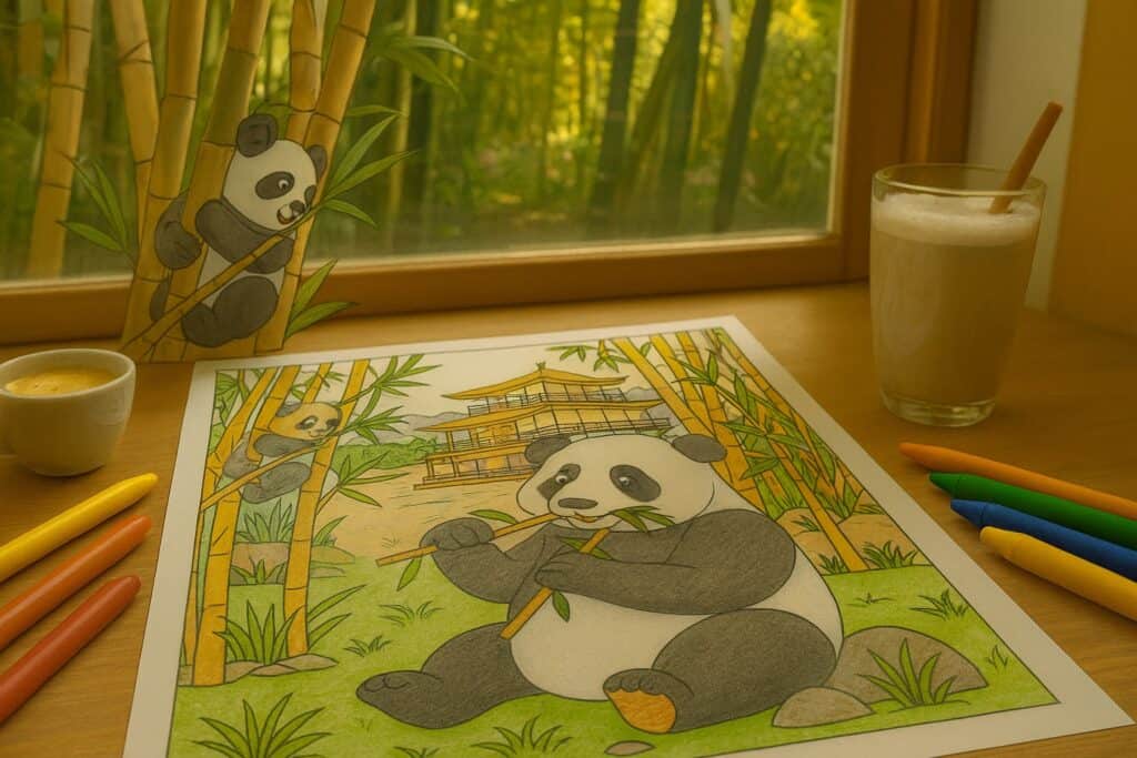 Coloring page of pandas in a bamboo forest with traditional pagoda background, featuring markers, crayons, and a glass of milk on a wooden table.