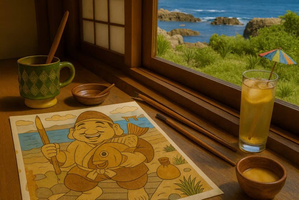 Vibrant picture of a traditional Japanese room with a view of the ocean and lush greenery, featuring a colorful paper umbrella drink, wooden utensils, a drawing of a Japanese fisherman, and tea cups, emphasizing relaxation and scenic beauty.