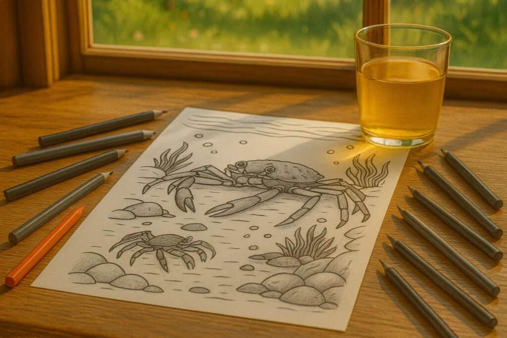 Coloring page of a crab with seaweed, rocks, and bubbles, placed on a wooden table near a window. Various gray and orange crayons surround the artwork, with a glass of water for rinsing. Light from outside illuminates the scene.