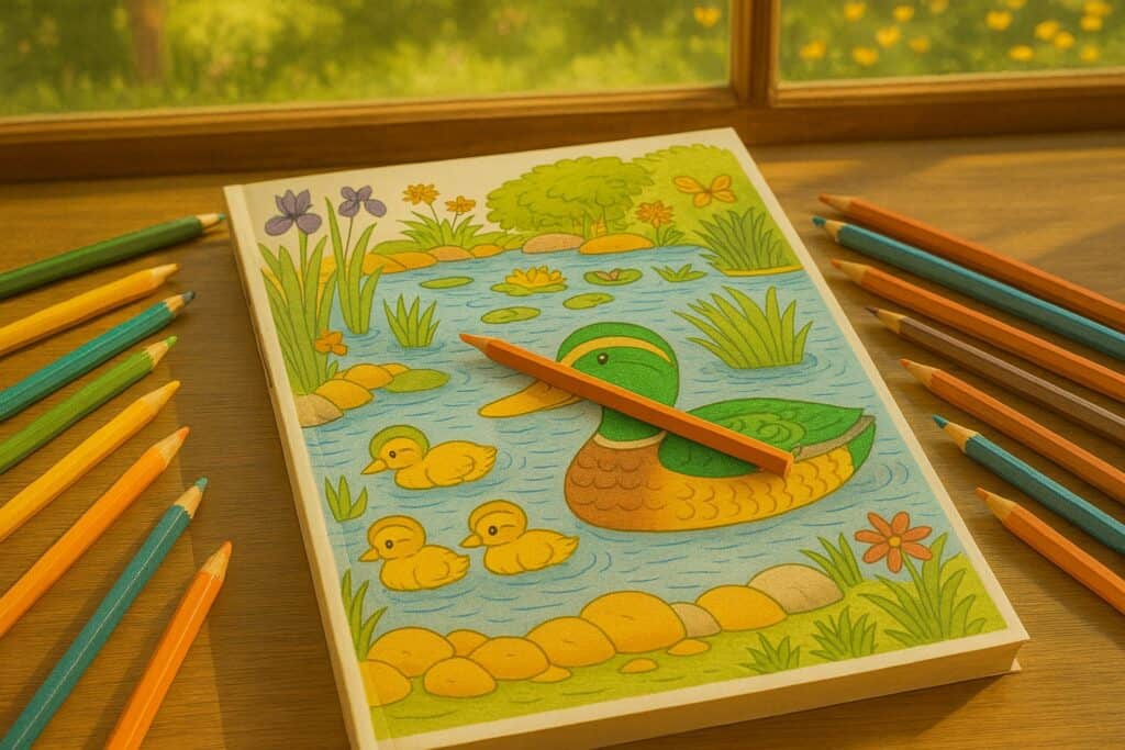 Colorful children’s pond-themed coloring book page featuring a duck, ducklings, lily pads, and flora, with colored pencils surrounding it on a wooden surface.