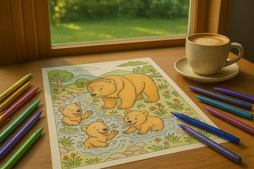 Coloring page of cute bear family outdoors with colored markers, coffee cup, and scenic window view.